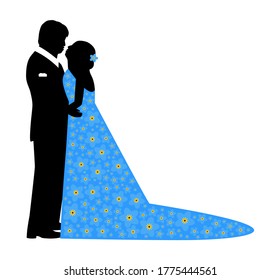 
Beautiful young bride and groom in an embrace on the wedding day. Bride with blue forget-me-not dress. Loving couple. Man and Woman Getting Married. Vector illustration. Couple in love hugging.
