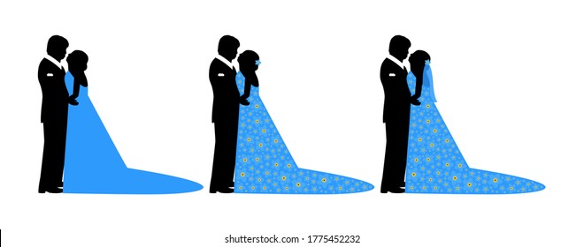 Beautiful young bride and groom in an embrace on the wedding day. Bride with blue and forget-me-not dress. Vector illustration of a couple in love in hugging.