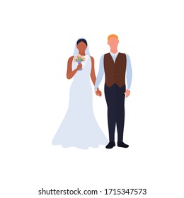 Beautiful young bride and groom, love couple holding hands on wedding day. African american woman in wedding dress with flowers bouquet. Caucasian groom in suit. Bridal ceremony. Vector illustration