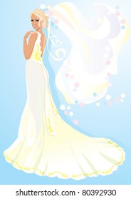 Beautiful young bride on light blue background