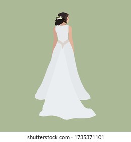 Hermosa novia joven con vestido blanco largo, vista trasera. ilustrador vectorial