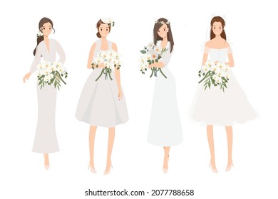 beautiful young bride in white wedding dress with Phalaenopsis orchid flower bouquet flat style cartoon collection isolated on white background