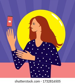  Beautiful young brown-haired woman with smartphone. Vector character hipster girl dressed in wintage sweeter taking cellphone, send message or chatting in internet. Pop-art poster.