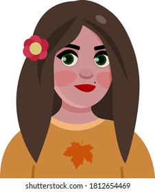 
Beautiful young brunette in an autumn sweater with a maple leaf, vector illustration