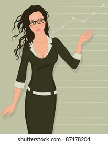 Beautiful young brunette business woman shows successful chart