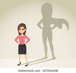 Beautiful young brunette businesswoman with super hero shadow on background