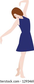 Beautiful and young brunette girl dancing and posing in short blue dress. Ballet dancer standing on her toes barefoot. Vector illustration, flat design.