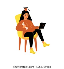A beautiful young brunette girl graduated from school and received a diploma. A woman sits in a chair at home and celebrates graduation in isolation. Vector illustration isolated on a white background