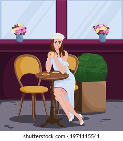 A beautiful young brunette girl sits in a street cafe in Paris, drinks coffee, and eats a croissant. A girl in a white beret and shoes. Flowers in vases. Cartoon style. Concept. Vector illustration.