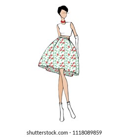 Beautiful young brunette hair woman. Hand drawn fashion girl. Fashion model posing. Sketch. Vector illustration. Modern girl sketch.