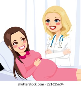 Beautiful young brunette pregnant woman lying on hospital bed being visited by a female doctor