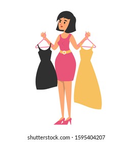 Beautiful young brunette woman choose dress in the shop vector isolated. Lady in fashion dress holding hanger with clothes.