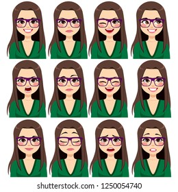 Beautiful young brunette woman with glasses on twelve different face expressions