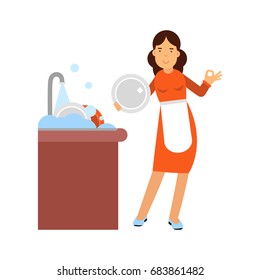 Beautiful young brunette woman housewife washing dishes in the kitchen, home cleaning and homework vector Illustration