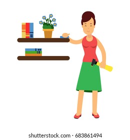 Beautiful young brunette woman housewife wiping dust from shelves, home cleaning and homework vector Illustration