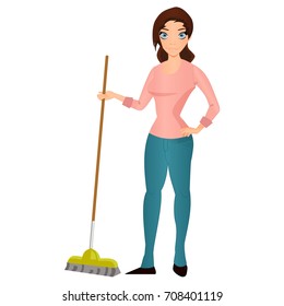 Beautiful young brunette woman housewife with a mop , home cleaning and homework vector Illustration