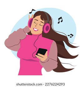 Beautiful young brunette woman listening music with headphones.