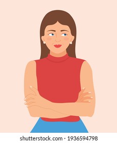 Beautiful young business lady. Elegant woman being in good mood, looking to the left side. Confident woman crossing arms, smiling and relaxed, isolated over background, flat design Vector illustration