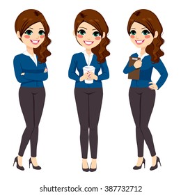 Beautiful young businesswoman on three different pose with coffee crossed arms and folder