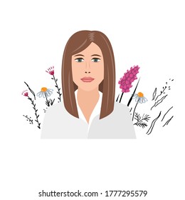 Beautiful young businesswoman portrait on wild flowers background. Self improvement concept. Female character, isolated vector illustration in cartoon flat style.