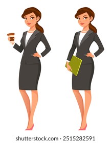 Beautiful young businesswoman, teacher or lawyer wearing elegant black suit, holding a coffee cup or folders. Cheerful smiling woman in office attire. Cartoon character. Isolated on white.