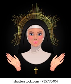 Beautiful young catholic nun with golden halo, open blessing hands and cross. Vector illustration of a praying christian woman isolated on black. Spirituality, religion, Catholicism. 