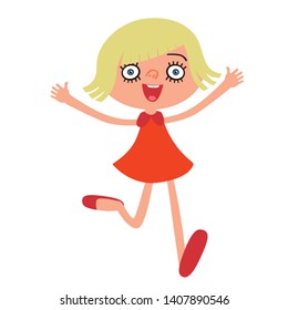 beautiful young Caucasian girl running, excited and energetic with happy cheering face expression celebrating. Cartoon character girl wearing red dress.