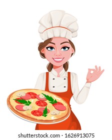 Beautiful young chef woman with delicious pizza. Pretty cook lady in professional apron and hat. Stock vector illustration