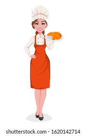Beautiful young chef woman holding plate with tasty croissants. Pretty cook lady in professional apron and hat. Stock vector illustration