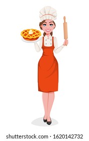 Beautiful young chef woman holding tasty pie and rolling pin. Pretty cook lady in professional apron and hat. Stock vector illustration