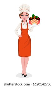 Beautiful young chef woman holding sweet cake. Pretty cook lady in professional apron and hat. Stock vector illustration