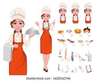 Beautiful young chef woman, pack of body parts, emotions and things. Pretty cook lady in professional apron and hat. Stock vector illustration