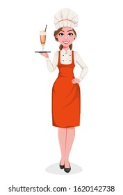 Beautiful young chef woman serving cocktail. Pretty cook lady in professional apron and hat. Stock vector illustration