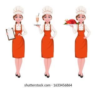 Beautiful young chef woman, set of three poses. Pretty cook lady in professional apron and hat holds clipboard, holds cocktail and holds fried chicken. Stock vector illustration