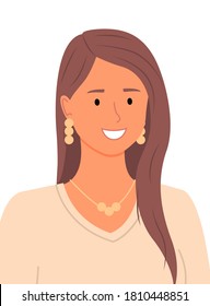 Beautiful young close-up long-haired girl. Earrings, necklace. The girl wears jewelry, beige blouse. Tanned female smiling portrait. Caucasian woman. Flat design vector illustration. Modern avatar