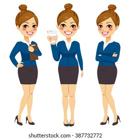 Beautiful young confident businesswoman on three different action with coffee crossed arms and folder