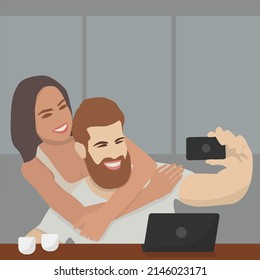 Beautiful young couple doing selfie using a smartphone. Smile together. Posing crowd. Happy character man or woman. Vector illustration