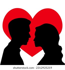 Beautiful young couple face to face. Modern vector illustration man and woman portrait silhouette on red heart background. Love concept. isolated on white