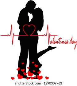Beautiful young couple at home. Hugging, kissing and enjoying spending time together while celebrating Saint Valentine's Day with gift box in hand and air balloons in shape of heart on the background.