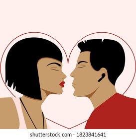 Beautiful young couple in love. Second before kiss. vector illustration. Place for an inscription.