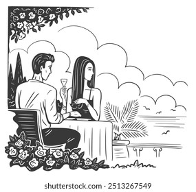 Hermosa pareja joven en un café resort. Un hombre y una mujer están sentados en una mesa junto al mar. Vacaciones, descanso y ocio. Boceto en blanco y negro. Dibujado a mano ilustración