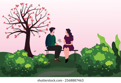 A beautiful young couple sitting beside a  love tree whose leaves has love or heart shape holding a flower bouquet, looking at each other. Valentine's day - Diverse couple vector illustration