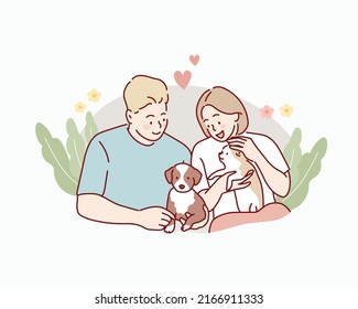 Beautiful young couple with their dogs. Hand drawn style vector design illustrations.