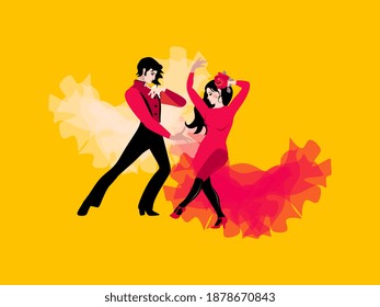 Beautiful young couple in traditional Spanish costumes dancing flamenco. Girl and young man isolated on a yellow background. Stylish postcard. Wedding invitation. Poster.