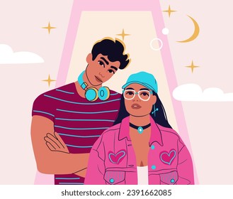 Beautiful young couple in trendy pink and neon colours. Cool attitude boy and girl portraits. Retro nostalgic vibe concept. 