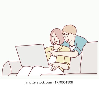 Beautiful young couple is using a laptop, hugging and smiling while sitting on couch at home. Hand drawn style vector design illustrations.