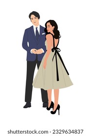 Schönes junges Ehepaar, das abendliche formale Outfit für Feiern, Hochzeit, Veranstaltung, Feier trägt. Happy asian Mann und Frau in wunderschönen Kleidern, Vektorgrafik realistisch einzeln auf weißem Hintergrund