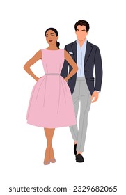 Beautiful young couple wearing evening formal outfit for celebration, wedding, event, party. Happy man and woman in gorgeous clothes vector realistic illustration isolated on white background