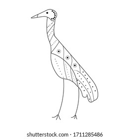 A beautiful young crane with a pattern of circles in a standing position.