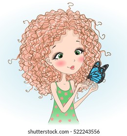 Beautiful young curly girl with a butterfly. Vector illustration.